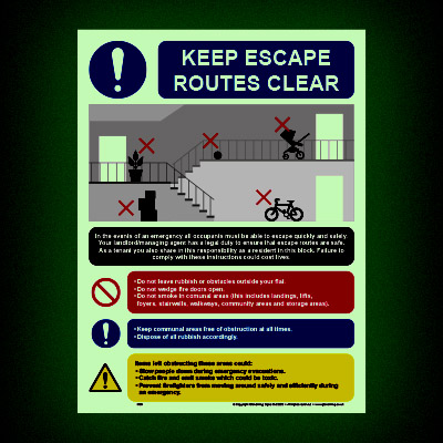 Keep escape routes clear sign (Glow-in-the-dark)
