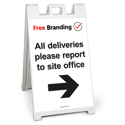 All deliveries please report to site office sign stand with arrow (Signicade)